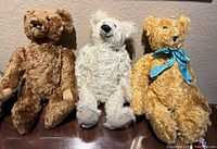 Photo shows three vintage teddy bears sitting side by side against a beige wall on a dark surface. Left bear is medium brown, center bear is cream white, right bear is golden brown with a blue ribbon.