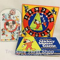Full view of the Mickey Mouse Club pinball game and Mickey Mouse board game box shown together.