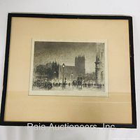 Framed black and white etching showing evening scene at Westminster Abbey with street lamps and people, framed in black with off-white matting.