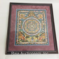 Framed Tibetan Thangka deity hand painted fabric artwork showing entire front view