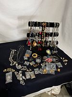 Wide view of collection laid on black cloth including necklaces on stand, rings, brooches and earrings in small plastic bags