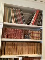 Overall view of three shelves showing art books, leather-bound Shakespeare sets, and drama series volumes