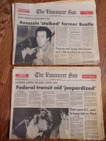 Front page of The Vancouver Sun newspaper dated December 9, 1980 with headline 'Assassin 'stalked' former Beatle' and a photo of John Lennon.