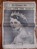 Front page black and white photo of Queen Elizabeth II in a tiara with headline 'LONG LIVE THE QUEEN'