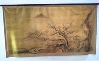 Full view of the antique Chinese paper wall scroll showing the entire painted landscape scene.