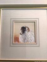 Overall framed artwork showing sheep portrait, double mat and gold-tone frame