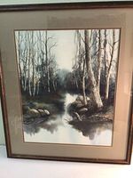 Full framed watercolor scene with birch trees and water reflection.