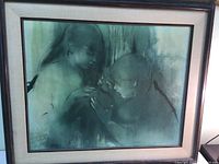 Framed oil painting by Zora Duvall showing two children playing string games, painted in soft muted tones.