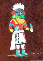 Full view of the Native American Kachina dancer painting on brown leather showing the entire dancer figure and the artist signature.