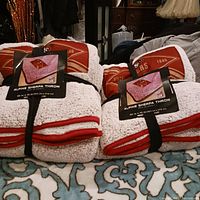 Two folded San Francisco 49ers Alpine Sherpa throw blankets with NFL tags showing size and design details.