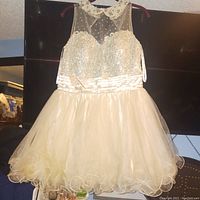Full front view of the sleeveless cream/tan evening dress with sheer upper bodice, bead embellishments, satin waistband and full tulle skirt with curled edges hung on a hanger.