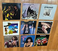 15 LP records arranged in 3 rows of 3 on wooden floor showing album covers from various artists.