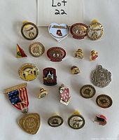 Photo showing a collection of 20 assorted fraternal organization pins and medals arranged in rows on a white background with handwritten sign 'Lot 22'.