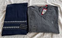 Photo of gray V-neck Izod sweater with tags and navy Charter Club scarf folded side by side on a white background.