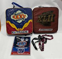 Photo showing two Super Bowl seat cushions, one signed by Tiki Barber, a Super Bowl XLII Big Blue Travel VIP guide booklet, and two lanyards.
