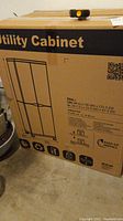 Photo of the unopened cardboard box showing dimensions and product illustration of the plastic utility cabinet.