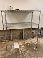 Front view of two-tier metal wire shelving unit with chrome finish against a basement wall, showing general condition and structure.