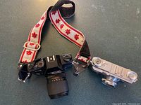 Top-down view of both cameras connected by the red and white maple leaf pattern strap.