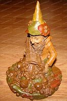 Photo of resin gnome figurine depicting a gnome with a pointed hat and cornucopia of fruits and nuts in earthy colors.