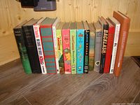 Photo showing the collection of vintage hardcover books with various titles and colorful covers arranged side by side on a wood surface.