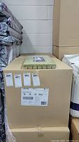 Full commercial cardboard box labeled with shipping and lot tags, topped by one green starter plug sheet.