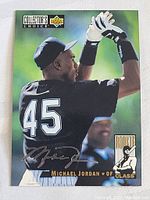 Front of 1993 Upper Deck Collector's Choice Michael Jordan baseball card showing Jordan batting for Chicago White Sox in black uniform number 45 with Rookie Class logo.