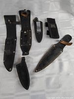 Wide view of six knife sheaths showing various sizes and materials including leather and nylon.
