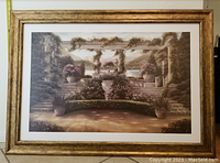 Front view of the framed garden art painting showing intricate details of the garden scene and frame texture.