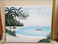 Front view of the sea beach art painting on canvas showing palm trees, beach, sea, and boat