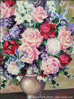 Front view of the oil painting showing the floral arrangement of roses, white flowers, purple lilacs in a ceramic vase