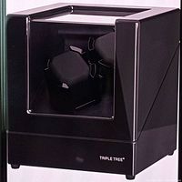 Front angled view of black Triple Tree watch winder case showing dual holders inside and logo on front