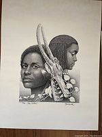 Full view of the unframed detailed black and white ink drawing "The Sisters" depicting two women with a mask, signed by Bob Smith.