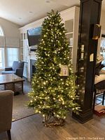 Full view of assembled artificial Christmas tree with warm white lights