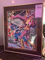 Framed Captain America puzzle with comic action scene, partially captured showing the puzzle edges and frame with some reflections