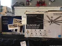 Photo of both ceiling fan boxes side by side, showing brand, model, and general condition.