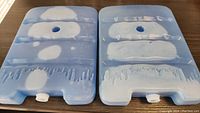 Two large reusable ice packs placed side by side on a wooden surface showing blue and white frost patterns, each with a central hole near the top and a white screw cap at the bottom.