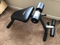 Side angle of SA Gear ab crunch bench showing ergonomic curved padded backrest and round foot rollers with foam padding.