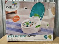 Box showing Summer Infant Step By Step Potty Training Seat with soft seat, colorful cushion, teal backrest, and green handles.
