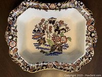 Top view of the rectangular Royal Cauldon meat bowl showing central floral and scenic design with scalloped rim.