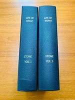Two volumes standing upright showing dark blue pebbled leather spines with gold stamped title text