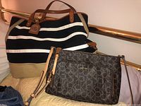 Calvin Klein crossbody bag shown in front of Ralph Lauren tote, highlighting size and design contrast