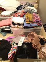 Full view of piled and folded ladies clothing including skirts, pants, and tops with a plastic bin underneath