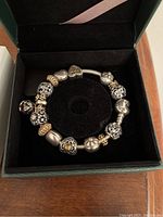 Full view of bracelet with charms in green presentation box