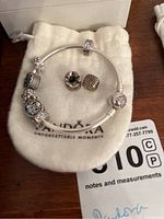 Small silver Pandora bracelet with several charms on a white storage bag with logo, two extra charms beside bracelet.