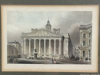 Close-up photo of a framed architectural etching titled 'The Royal Exchange', showing detailed columns and people in front of the building.