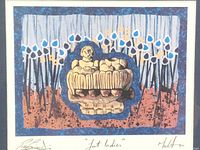 Full framed signed block print artwork titled 'Fat Ladies' showing two stylized fat ladies with floral background.