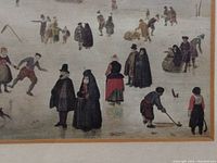 Close-up of the print showing people ice skating and dressed in 17th-century clothing on a frozen river or lake
