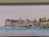 Close-up of central section of the watercolor print showing detailed buildings and water reflection.