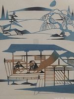 Close-up of the artwork showing the pavilion with two musicians inside a stylized Japanese landscape in blues and browns.