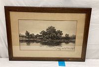 Full view of framed engraving showing river landscape, trees, and a small house with artist signature GWB.